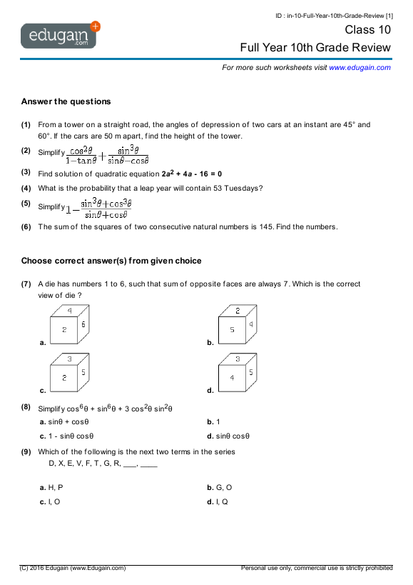 Grade 10 Math Worksheets With Answers