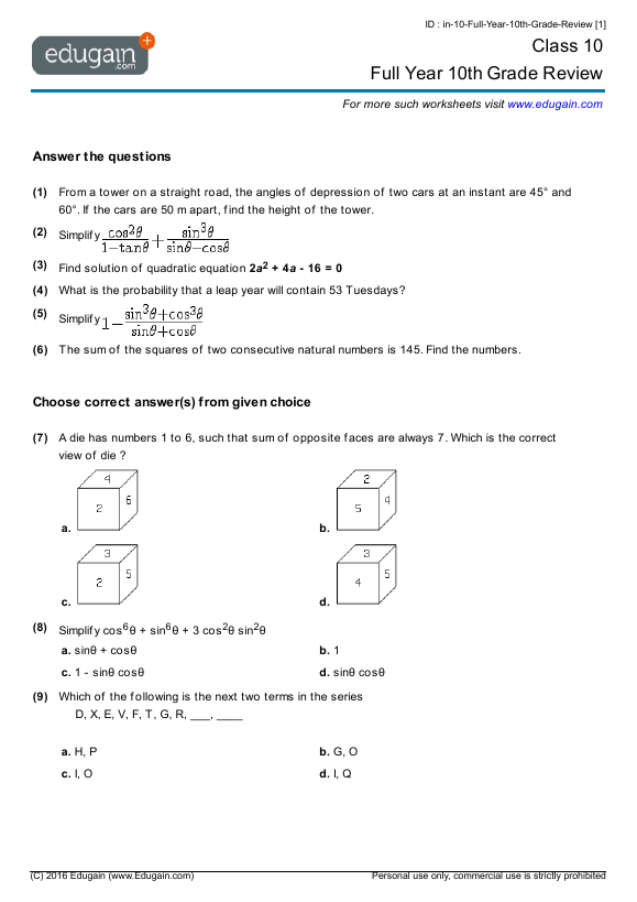Grade 10 Math Worksheets And Problems Full Year 10th Grade Review Edugain USA