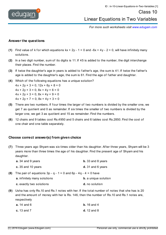 Grade 10 Math Worksheets And Problems Linear Equations In Two Variables Edugain USA
