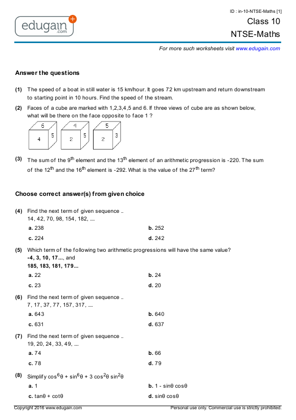 Class 10 NTSE-Maths: Printable Worksheets, Online Practice, Online ...