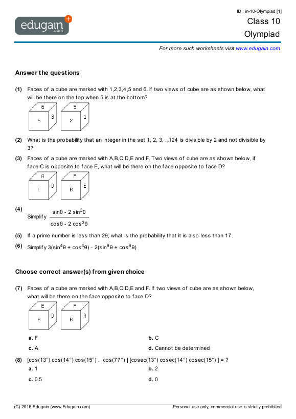 grade 10 olympiad printable worksheets online practice