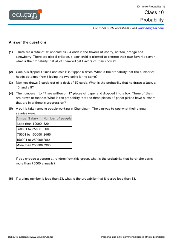 Grade 10 Math Worksheets And Problems Probability Edugain Global