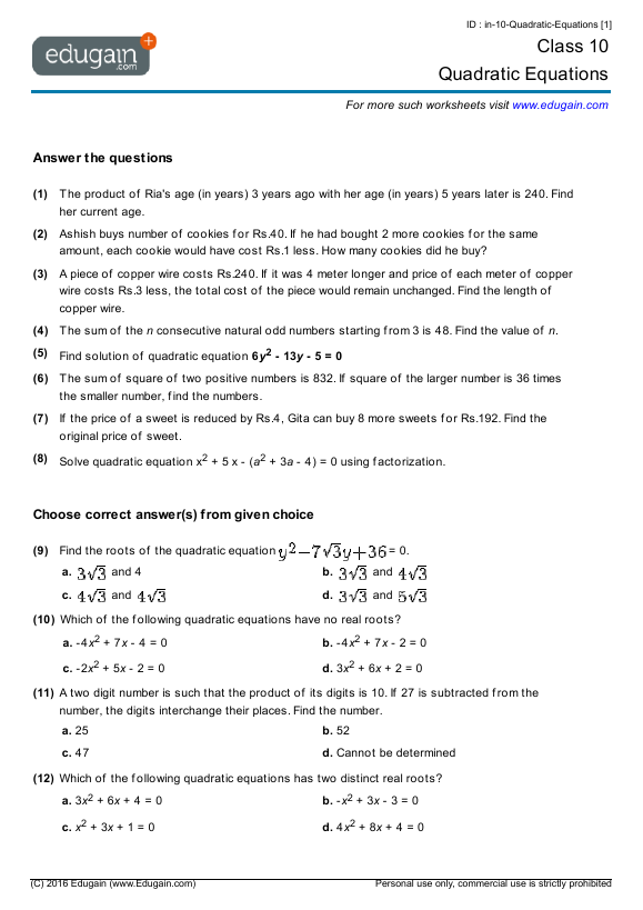 grade 1 philippines for worksheets math Quadratic Worksheets 10 and Equations Grade Problems: Math