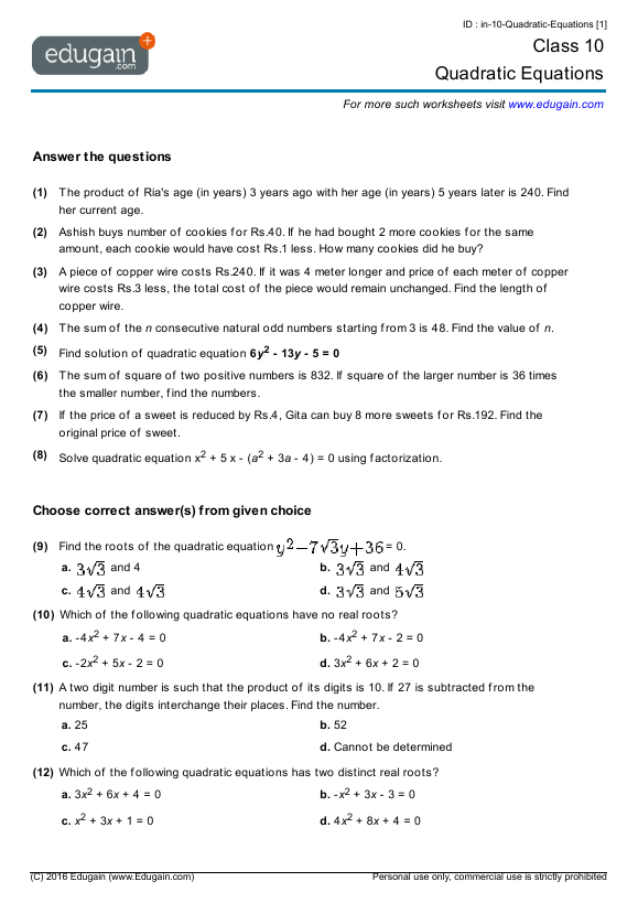Grade 10 Math Worksheets And Problems Quadratic Equations Edugain UAE Worksheet Template Tips
