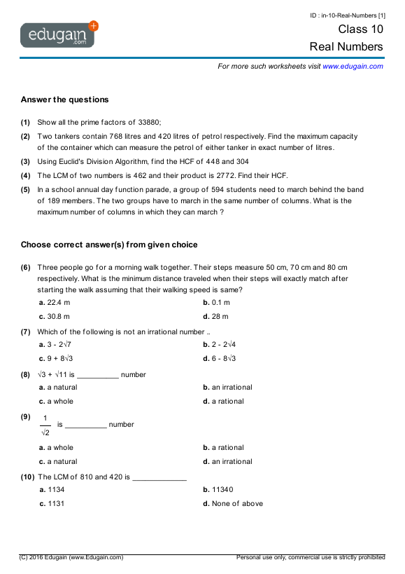 Grade 10 Math Worksheets And Problems Real Numbers Edugain UAE