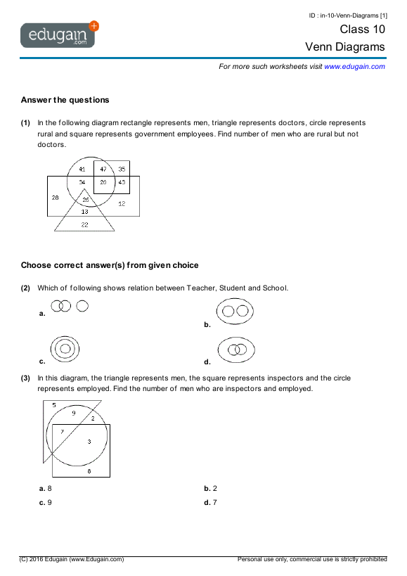 grade 10 math worksheets and problems venn diagrams edugain usa