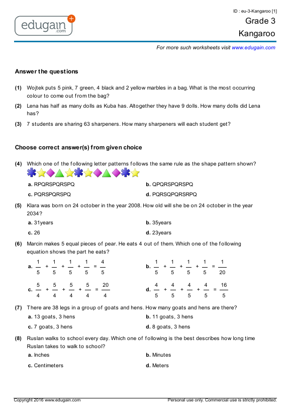 grade 3 kangaroo printable worksheets online practice online tests