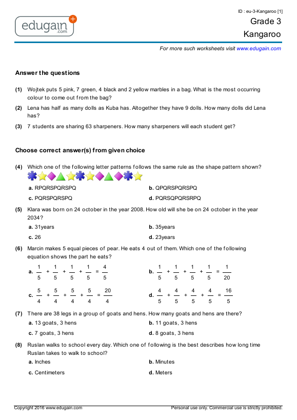 Grade 3 Kangaroo Printable Worksheets Online Practice Online Tests And Problems Edugain