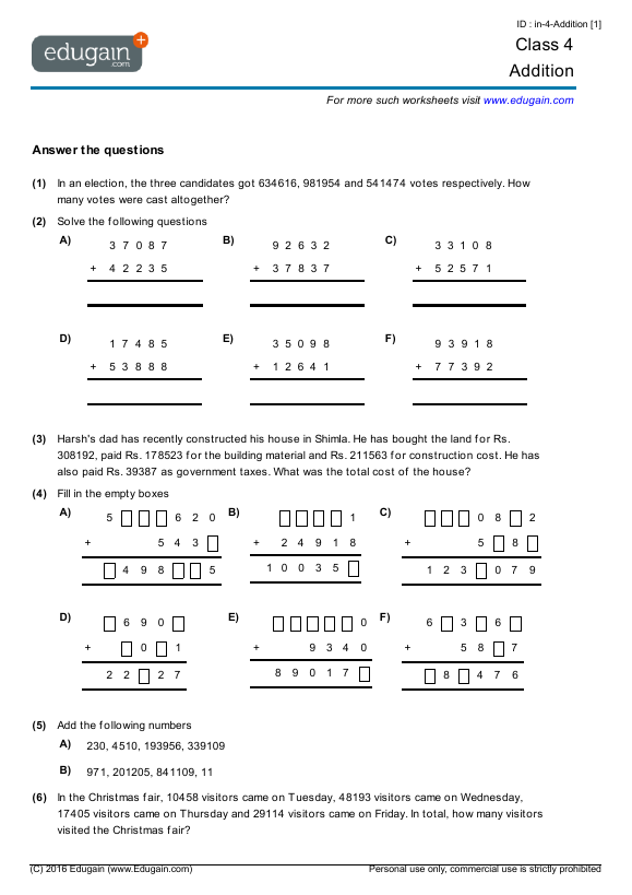 class of 4 worksheet mathematics for Class Math Problems: Addition and Worksheets India 4  Edugain