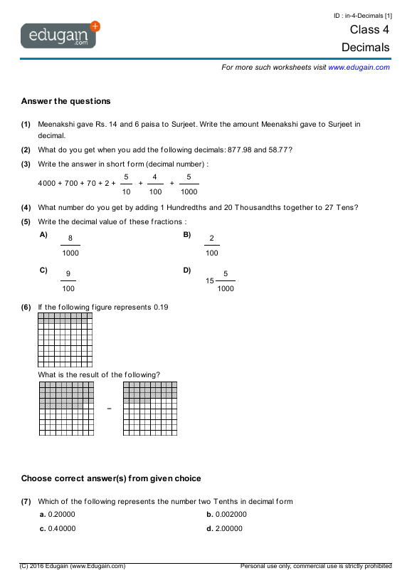 Class 4 Math Worksheets and Problems: Decimals | Edugain India
