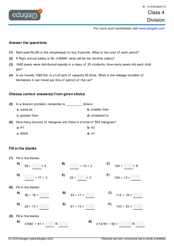 Class 4 Math Worksheets And Problems Division Edugain India
