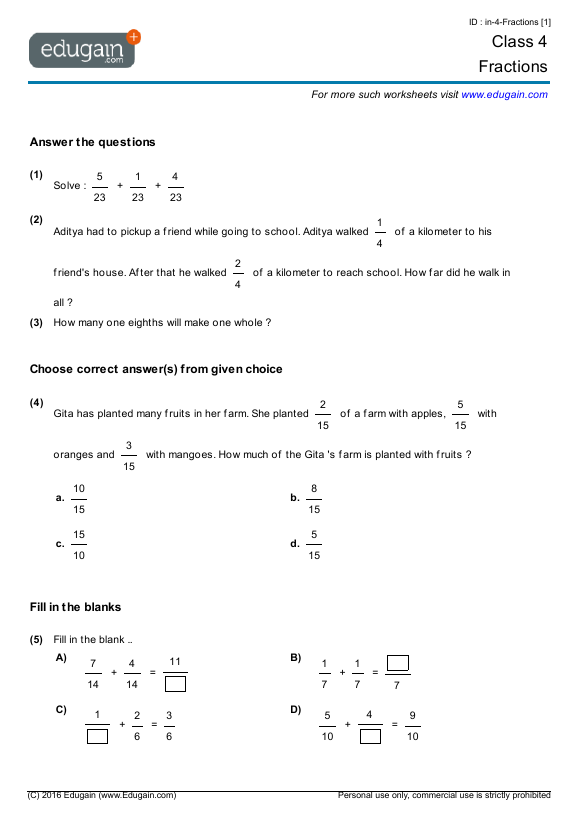 worksheet math 4 class for cbse and Problems: Worksheets 4 Class Fractions Edugain  Math