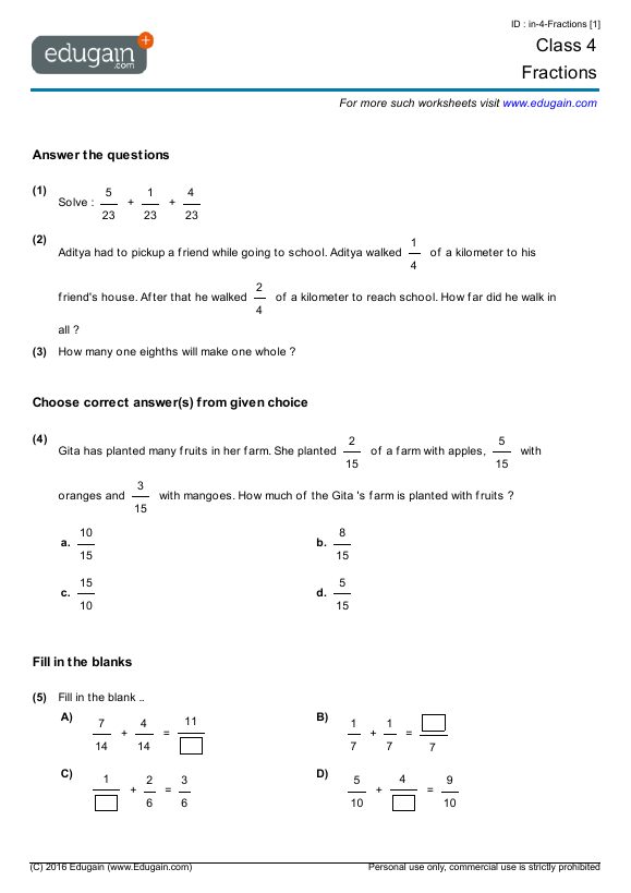 grade 4 math worksheets and problems fractions edugain usa