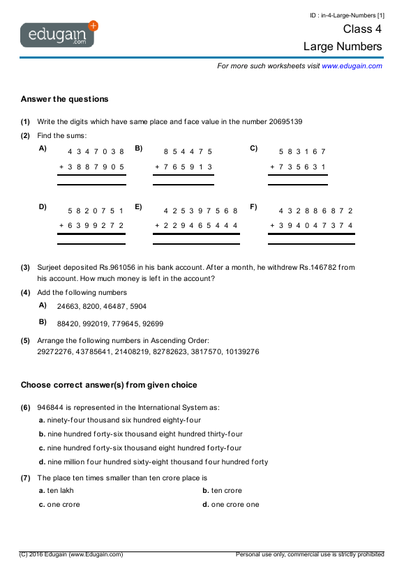 Grade 4 Math Worksheets And Problems Large Numbers Edugain USA