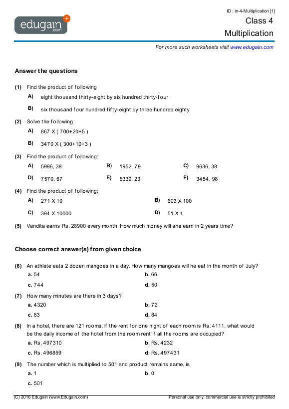 4th class maths worksheets india