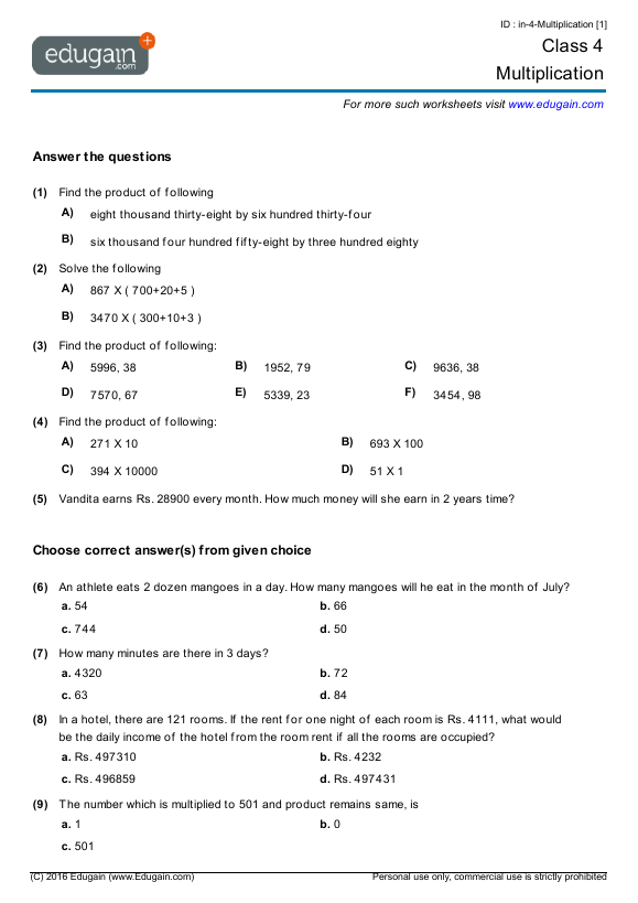 worksheet 4 class for maths icse Worksheets Problems: Multiplication 4 and Class Math