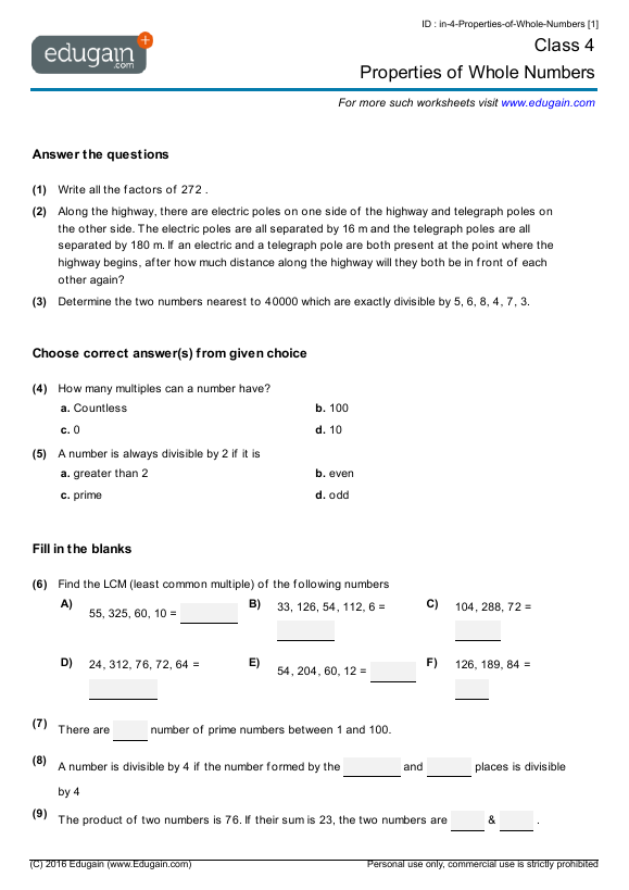 Year 4 Math Worksheets and Problems: Properties of Whole Numbers