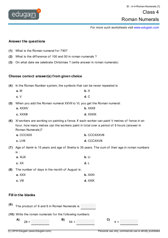 grade 4 math worksheets and problems roman numerals edugain usa