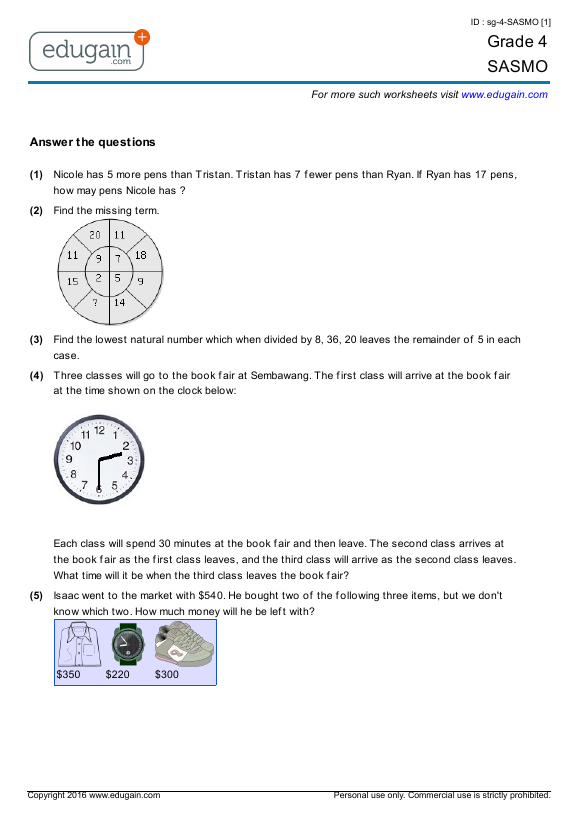 icse maths class for 4 worksheet Practice 4 Online Grade Worksheets, Printable SASMO: