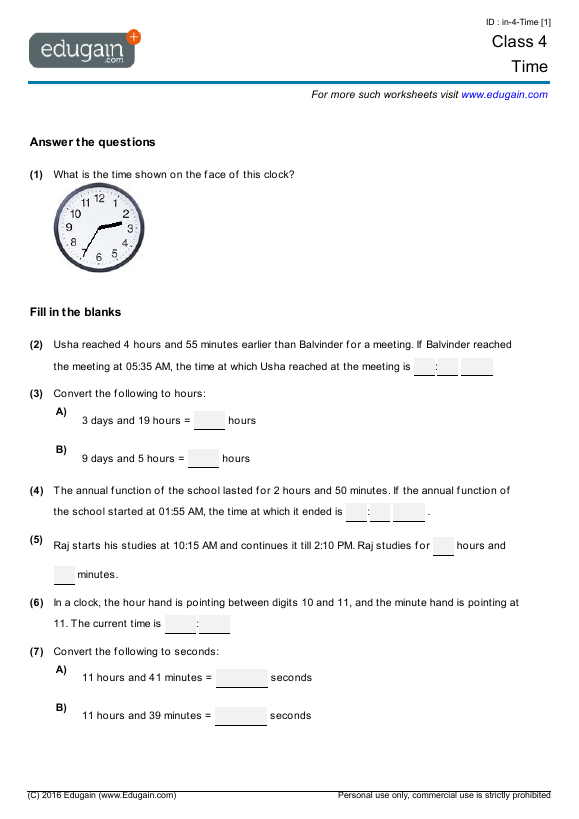 worksheet 4 for of mathematics class 4 Math  USA Worksheets Problems: Edugain Grade  Time and