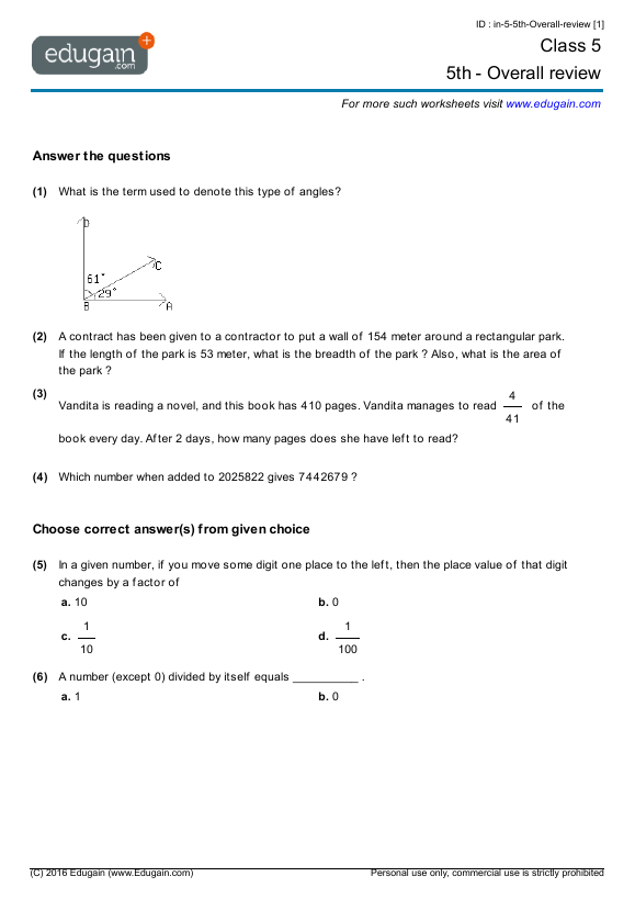 Grade 5 Math Worksheets and Problems: 5th - Overall review ...