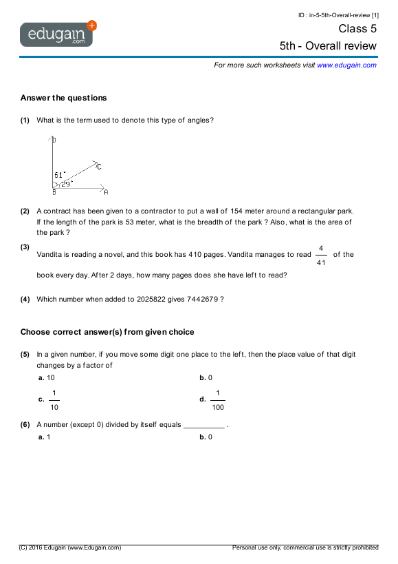 maths kvs worksheet class 4 Overall Problems:  Class Worksheets 5th and review Math  5