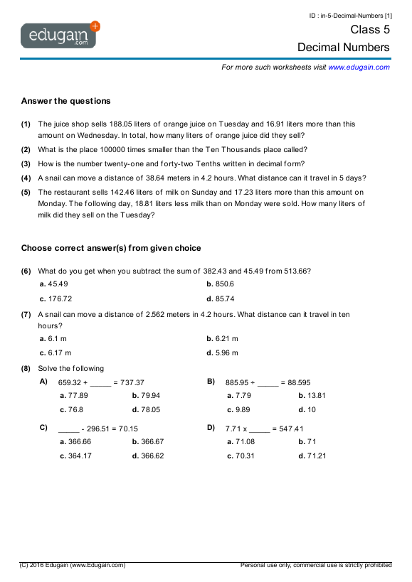 worksheet 5 class to for maths 1 Numbers and 5 Decimal Worksheets Problems: Class Math