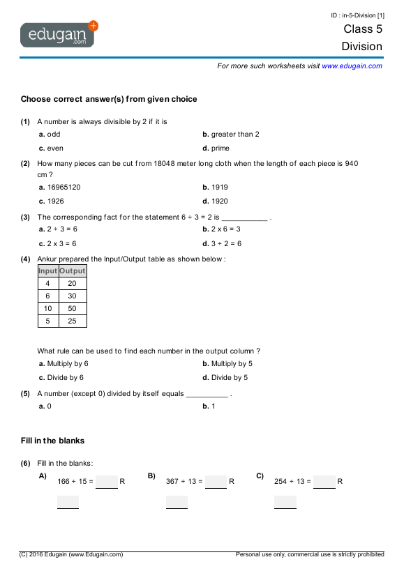 grade 5 math worksheets and problems division edugain usa