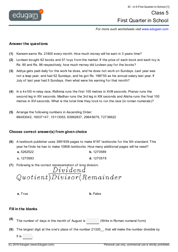 Grade 5 Math Worksheets And Problems First Quarter In School Edugain Global