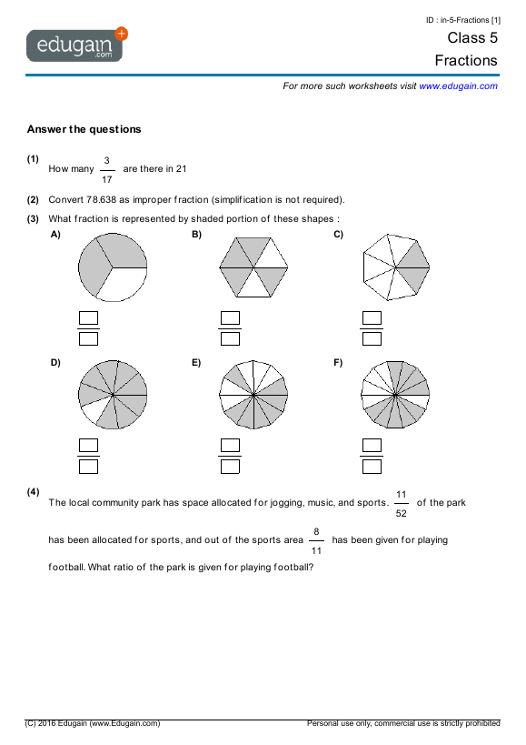 grade 5 math worksheets and problems fractions edugain usa