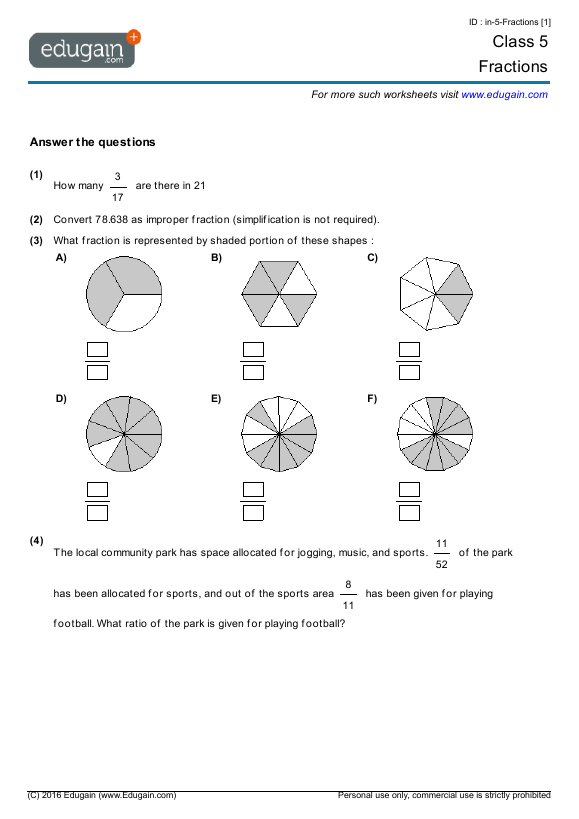 Grade 5 Math Worksheets And Problems Fractions Edugain Philippines