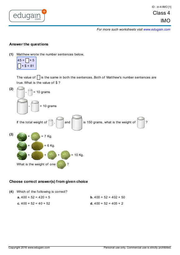 maths grade worksheets kangaroo 1 for Online Online imo: Printable Class 5 Practice, Worksheets,