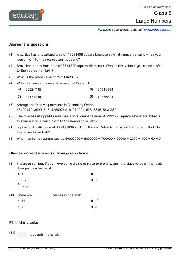 Operation On Large Numbers Class 5 Worksheets