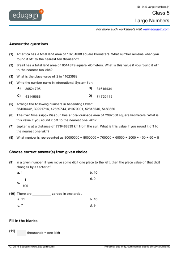 Grade 5 Math Worksheets And Problems Large Numbers Edugain USA