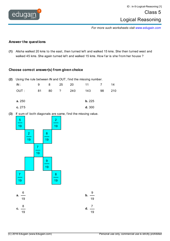 Class 5 Math Worksheets And Problems Logical Reasoning Edugain India