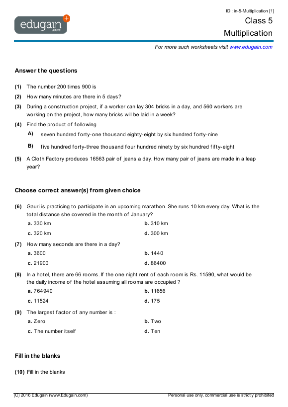class 5 math worksheets and problems multiplication