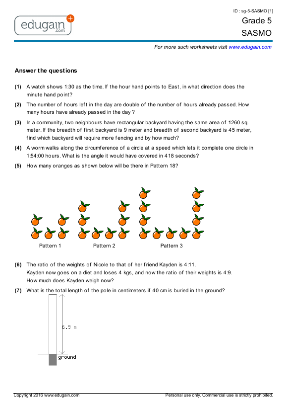 maths worksheets india for 1 grade 5 Printable Online Grade Worksheets, Practice SASMO: