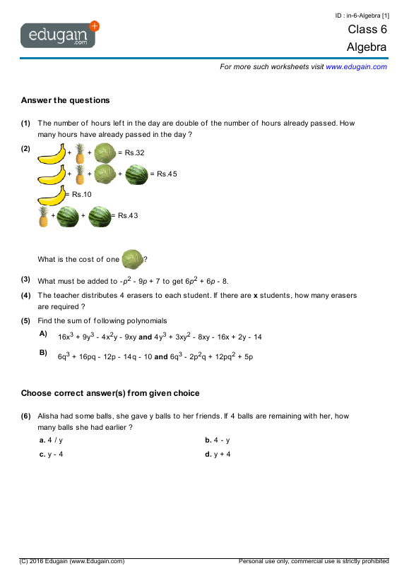 Grade 6 Math Worksheets and Problems: Algebra | Edugain USA