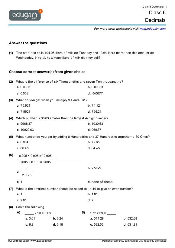 Cbse Class 6 Maths Fractions And Decimals Worksheets