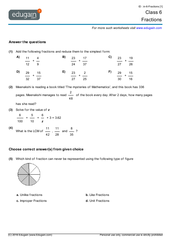 grade 6 math worksheets and problems fractions edugain usa