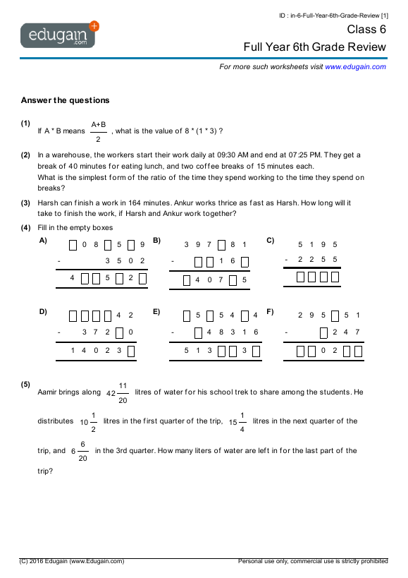 5 exam printable grade papers Problems: 6 Grade Full Year and 6th Math Class Worksheets