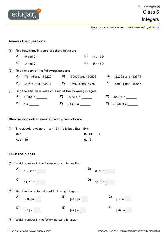 class 6 maths integers worksheet with answers
