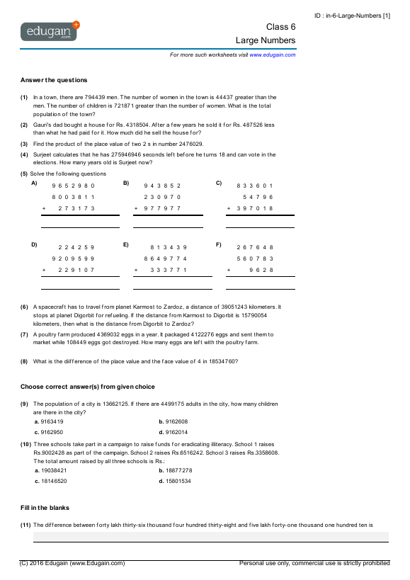 numbers large worksheet class maths 4 for Problems: Worksheets Math 6 Numbers and Large Class