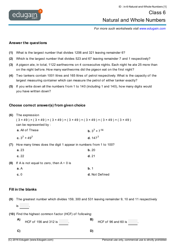 grade 6 math worksheets and problems natural and whole numbers