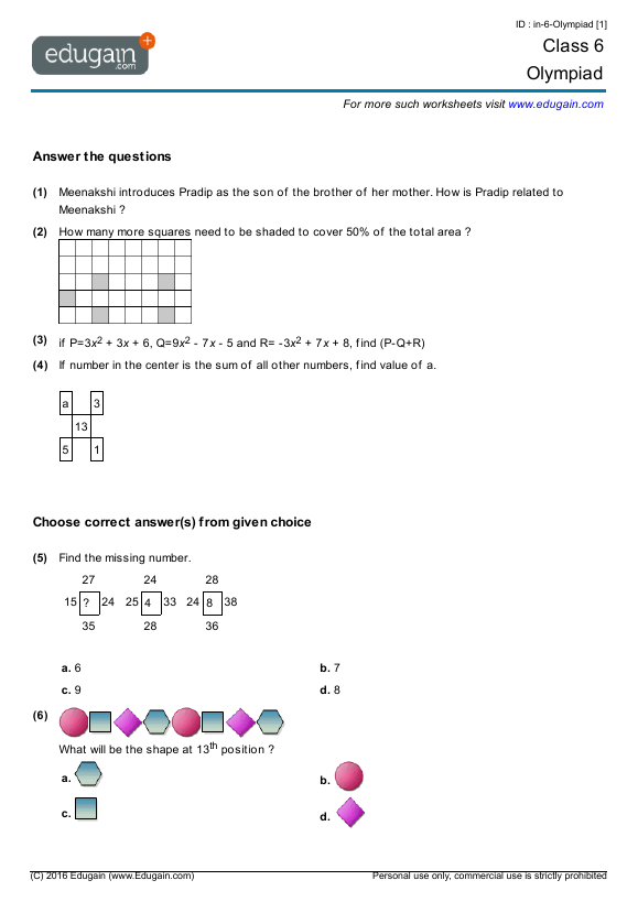 Year 6 Olympiad Printable Worksheets Online Practice Online Tests And Problems Edugain Australia