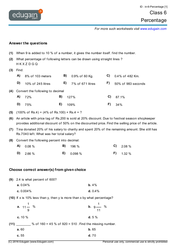 year 6 math worksheets and problems percentage edugain australia