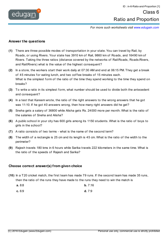 Grade 6 Math Worksheets And Problems Ratio And Proportion Edugain