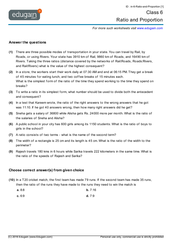 Grade 6 Math Worksheets And Problems Ratio And Proportion Edugain Global