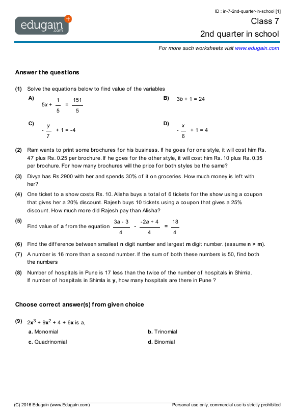 Grade 7 Math Worksheets and Problems: 2nd quarter in ...