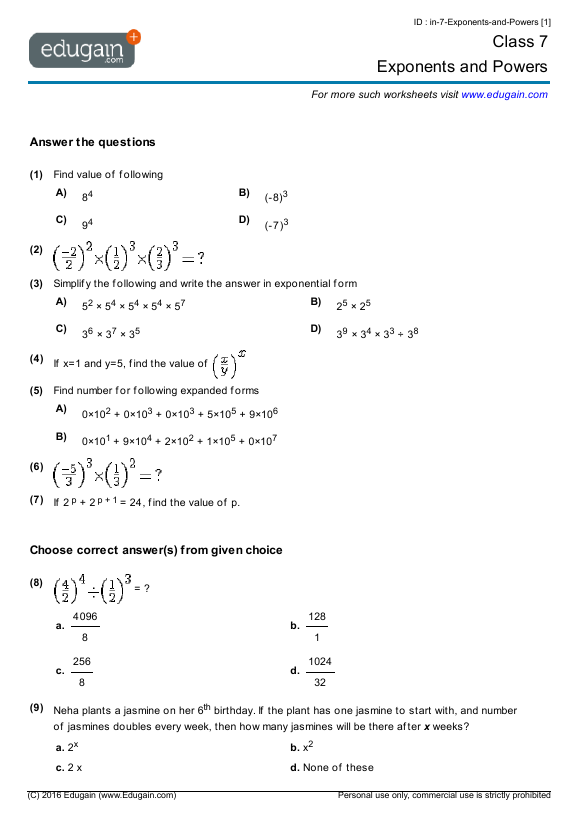 Class 7 Math Worksheets And Problems Exponents And Powers Edugain India